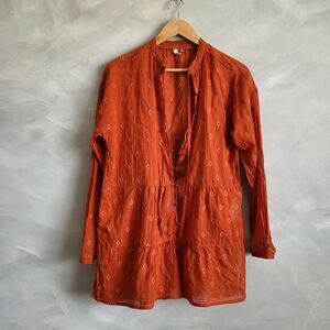 Anthropologie Pilcro Tiered Tunic Long Sleeve Embroidered Blouse Sz S Orange